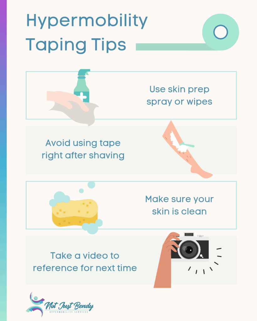 Hypermobility taping tips infographic showing four key suggestions: use skin prep spray or wipes, avoid taping after shaving, ensure skin is clean, and take a video for future reference