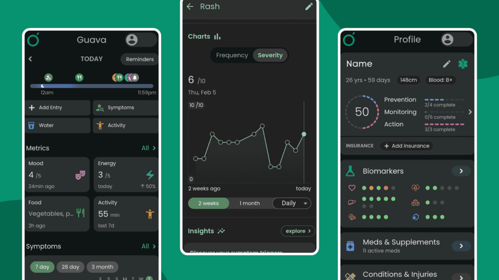 Three screens showing visual features and analytics of Guava's app interface.