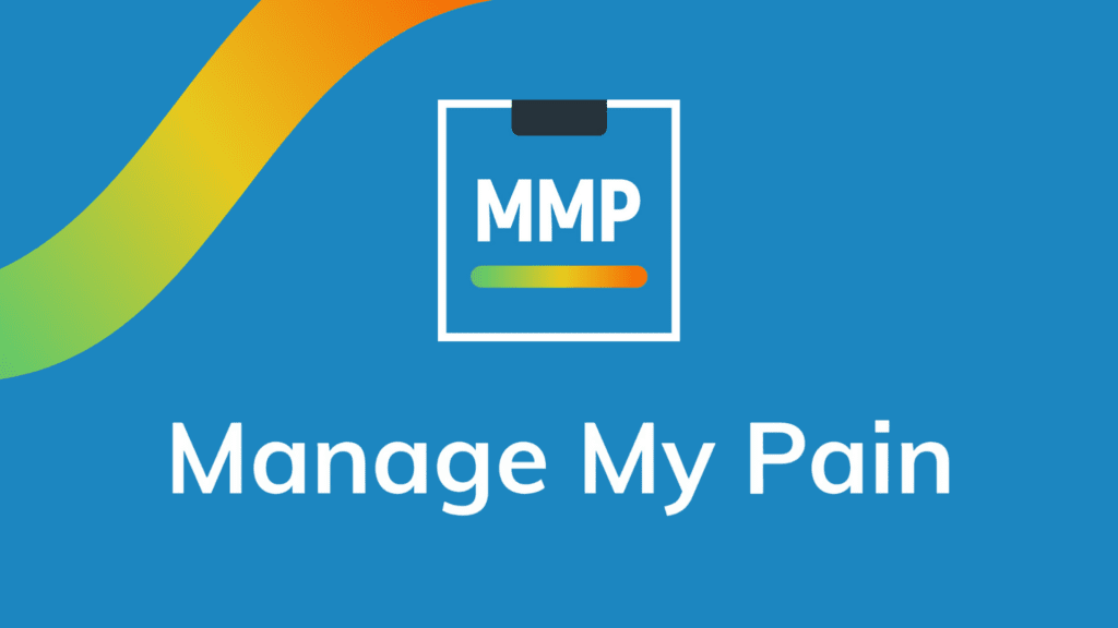 Manage My Pain's app logo, a hollow white square with the brand's initials in the center and a coloured gradient light below it.