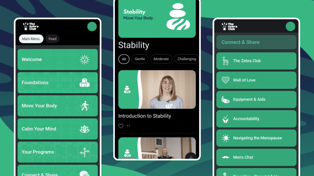 Three screens showing visual features and format of The Zebra Club's app interface.