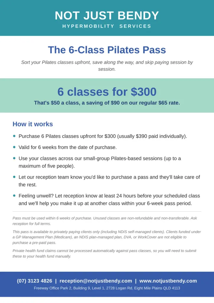 The 6-Class Pilates Pass — 6 classes for $300, that's $50 a class and a saving of $90 on our regular $65 rate. Valid for 6 weeks from purchase and usable across our small-group Pilates-based sessions; ask reception to purchase one. Available to privately paying clients only, including self-managed NDIS clients — clients funded under a GP Management Plan (Medicare), an NDIS plan-managed plan, DVA or WorkCover are not eligible. Unused classes are non-refundable and non-transferable.