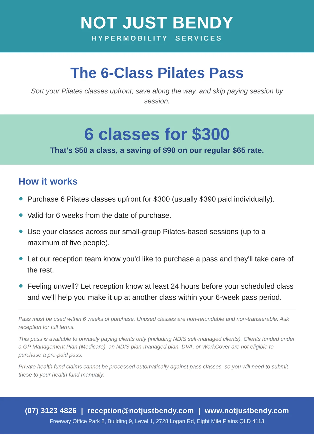 The 6-Class Pilates Pass flyer — 6 classes for $300, a saving of $90 on our regular $65 rate. Full details in the text alongside and on our Prices page.